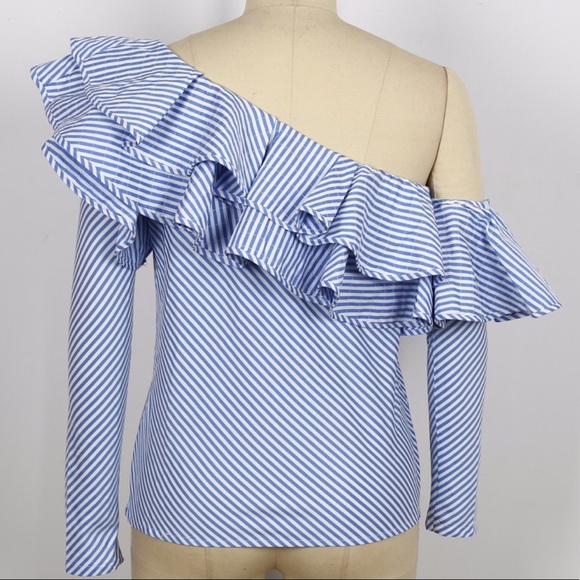 One Left! One Shoulder Striped Blue Ruffle Top - Picture 8 of 8